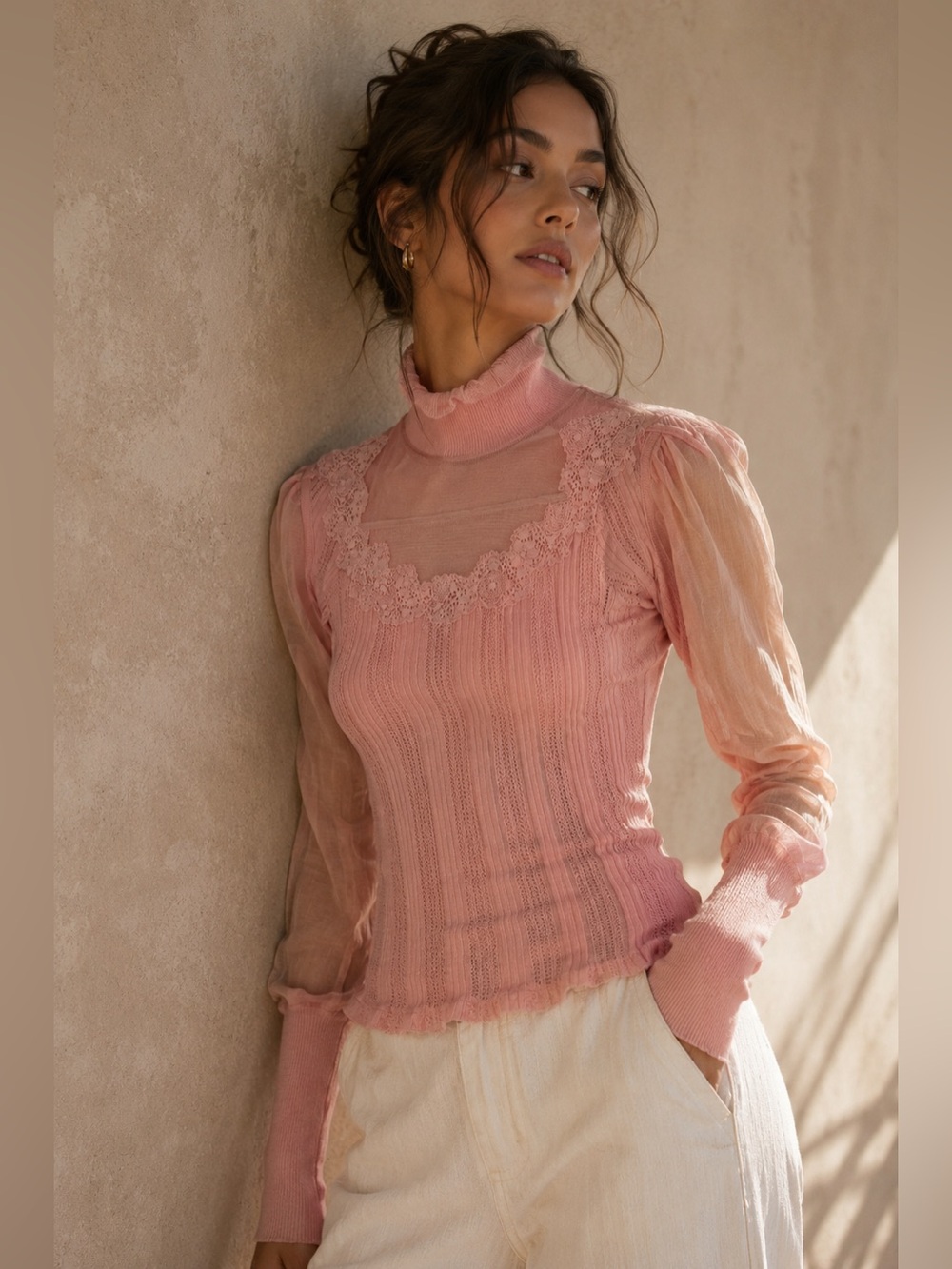 Free People Pink Lace Trim Sheer Knit Top Balloon Sleeve size XS boho coquette